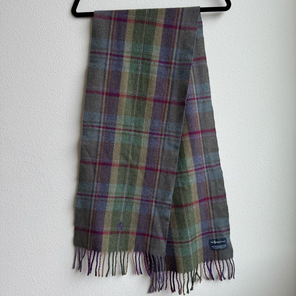 Polo Ralph Lauren 100% Lambswool Green Plaid Scarf Made in Italy Fringe Preppy